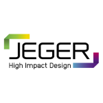לוגו עם הכיתוב "JEGER High Impact Design" בפינות צבעוניות.