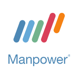 לוגו עם קווים צבעוניים וטקסט "Manpower" על רקע לבן.